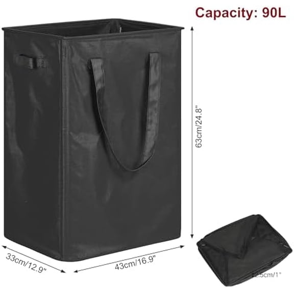 Slim Laundry Basket, Narrow Laundry Hamper with Handles, Collapsible Dirty Clothes Hamper, Tall Laundry Bin for Laundry Room, Dorm and Bedroom, 90L Black