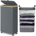 thumbnail image 1 of Slim Laundry Basket with Wheels and Lid, 75L Rolling Dirty Clothes Hamper for Dorm Bathroom, Large Laundry Hamper with Bamboo Frame Removable Bag, 17" x 9.8" x 29.5", Gray, 1 of 4