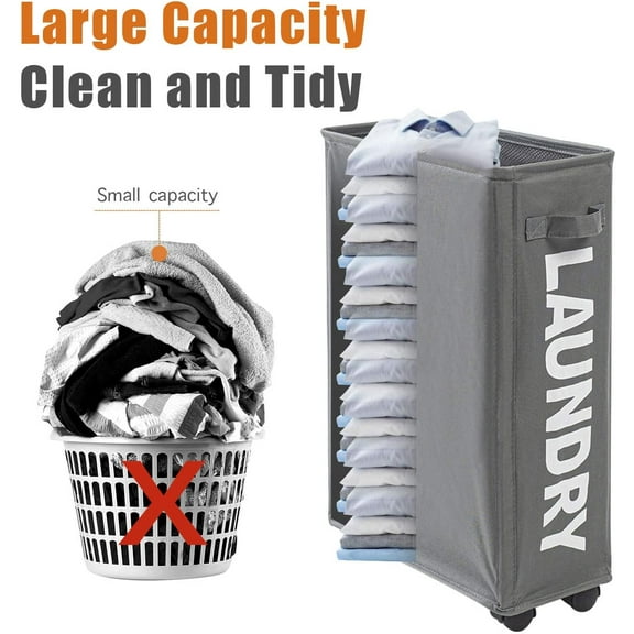 Slim Laundry Basket with Leather Handle on Wheels (4 Colors), Foldable Corner Storage Bins, Collapsible Rolling Laundry Hamper