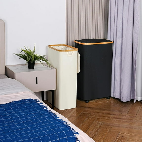 Slim Laundry Basket with Lid, Narrow Hamper with Removable Bag, 75L Beige Laundry Basket for Bathroom & Bedroom