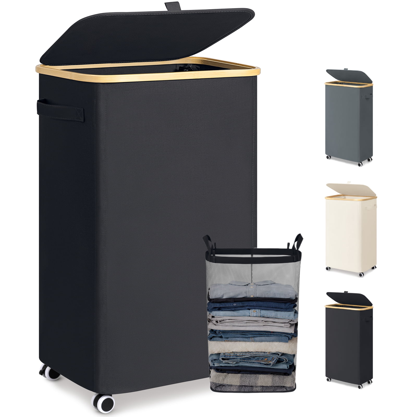Slim Laundry Basket with Wheels,Freestanding Laundry Hamper with Lid&Bamboo Handles(100L Black)