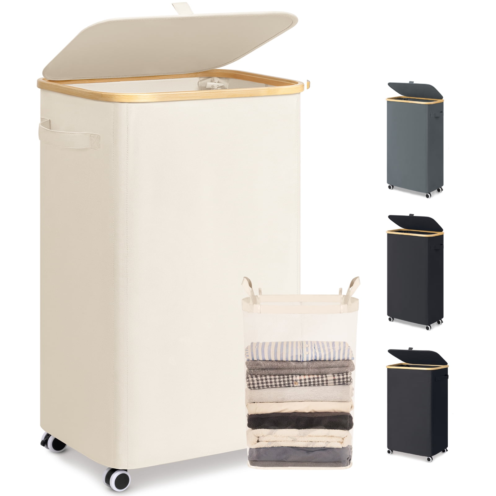 Slim Laundry Basket with Wheels,Freestanding Laundry Hamper with Lid&Bamboo Handles(100L White)