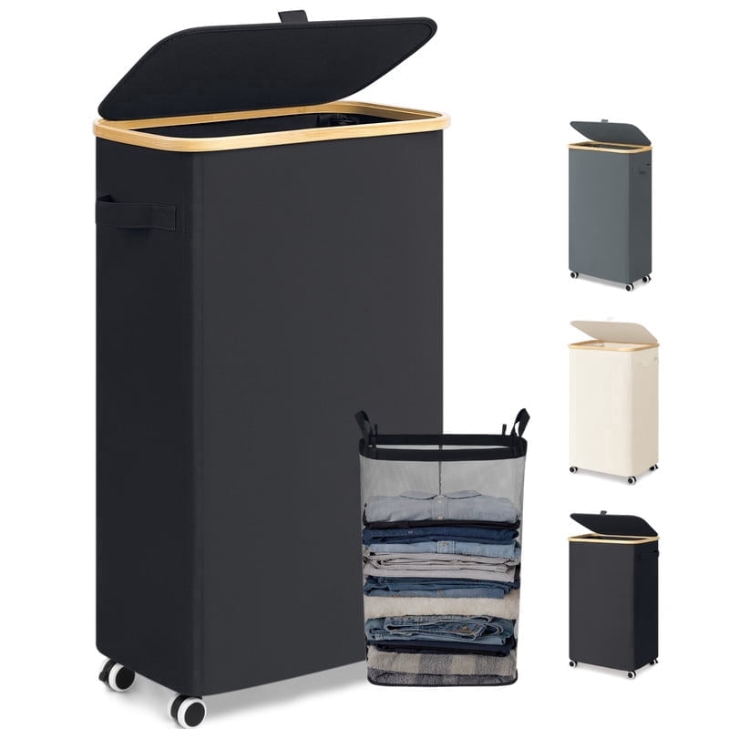 Slim Laundry Basket with Wheels,Freestanding Laundry Hamper with Lid&Bamboo Handles(75L Black)