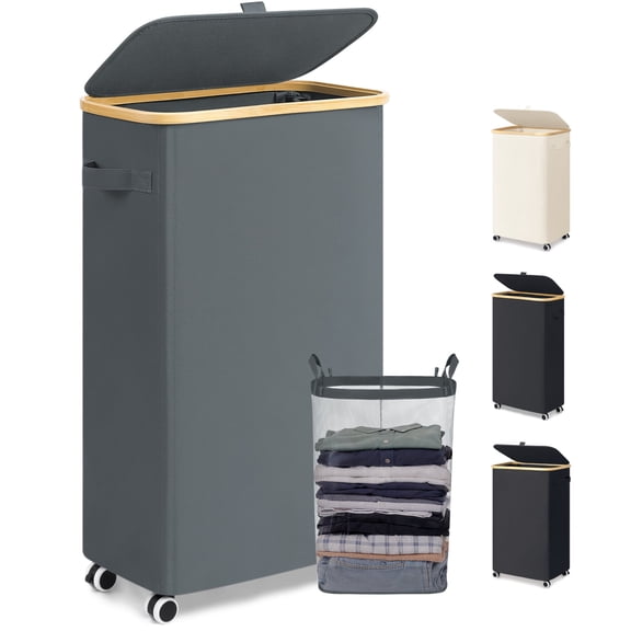 Slim Laundry Basket with Wheels,Freestanding Laundry Hamper with Lid&Bamboo Handles(75L Grey)