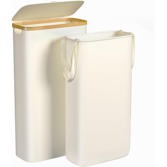 Slim Laundry Hamper, 60L Waterproof Narrow Laundry Basket with Lid and Removable Bag, Collapsible Tall Clothes Hamper with Bamboo Handles for Clothes Toys in Dorm Bedroom Bathroom, Beige