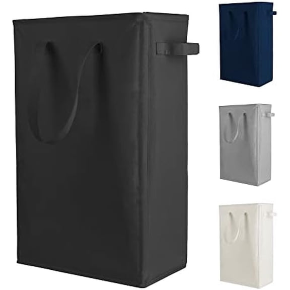 Slim Laundry Hamper Handles Collapsible Laundry Basket Thin Dirty Clothes Basket Narrow Laundry Bag Foldable Dirty Hamper 45L (Black)