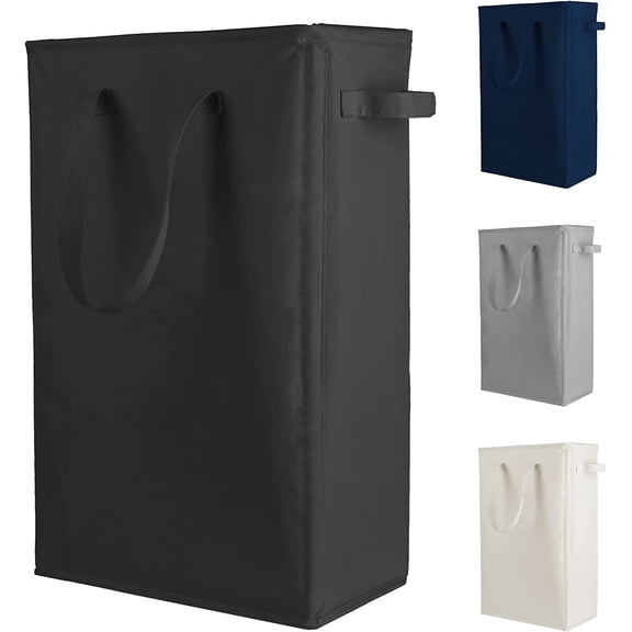 Slim Laundry Hamper Handles Collapsible Laundry Basket Thin Dirty Clothes Basket Narrow Laundry Bag Foldable Dirty Hamper 45L (Black)