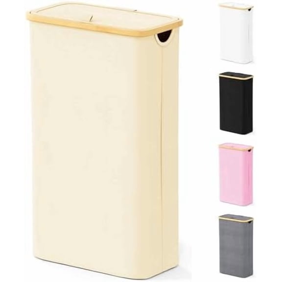 Slim Laundry Hamper with Lid, 65L Narrow Clothes Basket Bin with Bamboo Handles, Skinny Tall Collapsible Hamper for Bedroom, Bathroom, Dorm, Laundry Room - Beige