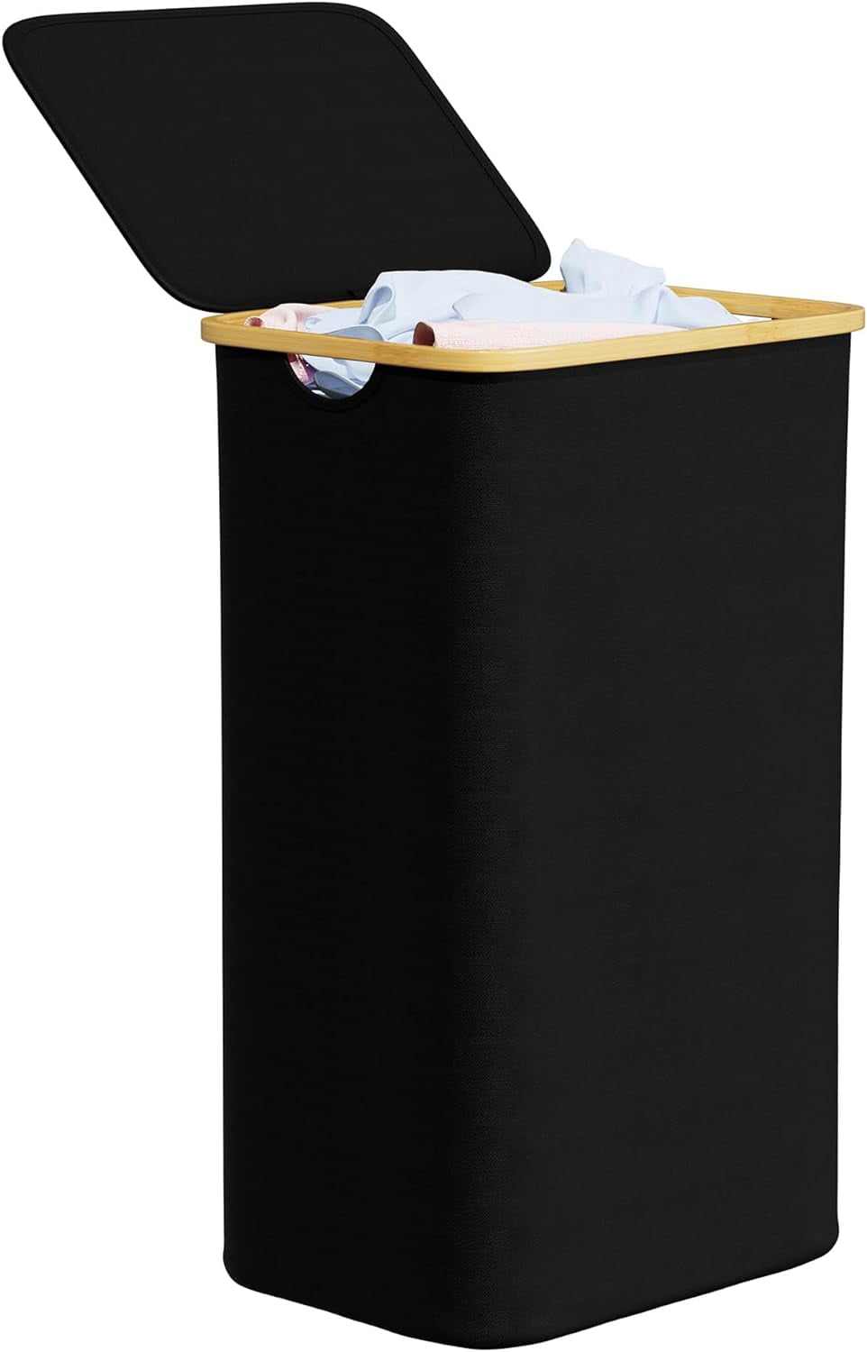 Slim Laundry Hamper with Lid, 65L Narrow Clothes Basket Bin with Bamboo Handles, Skinny Tall Collapsible Hamper for Bedroom, Bathroom, Dorm, Laundry Room - Grey