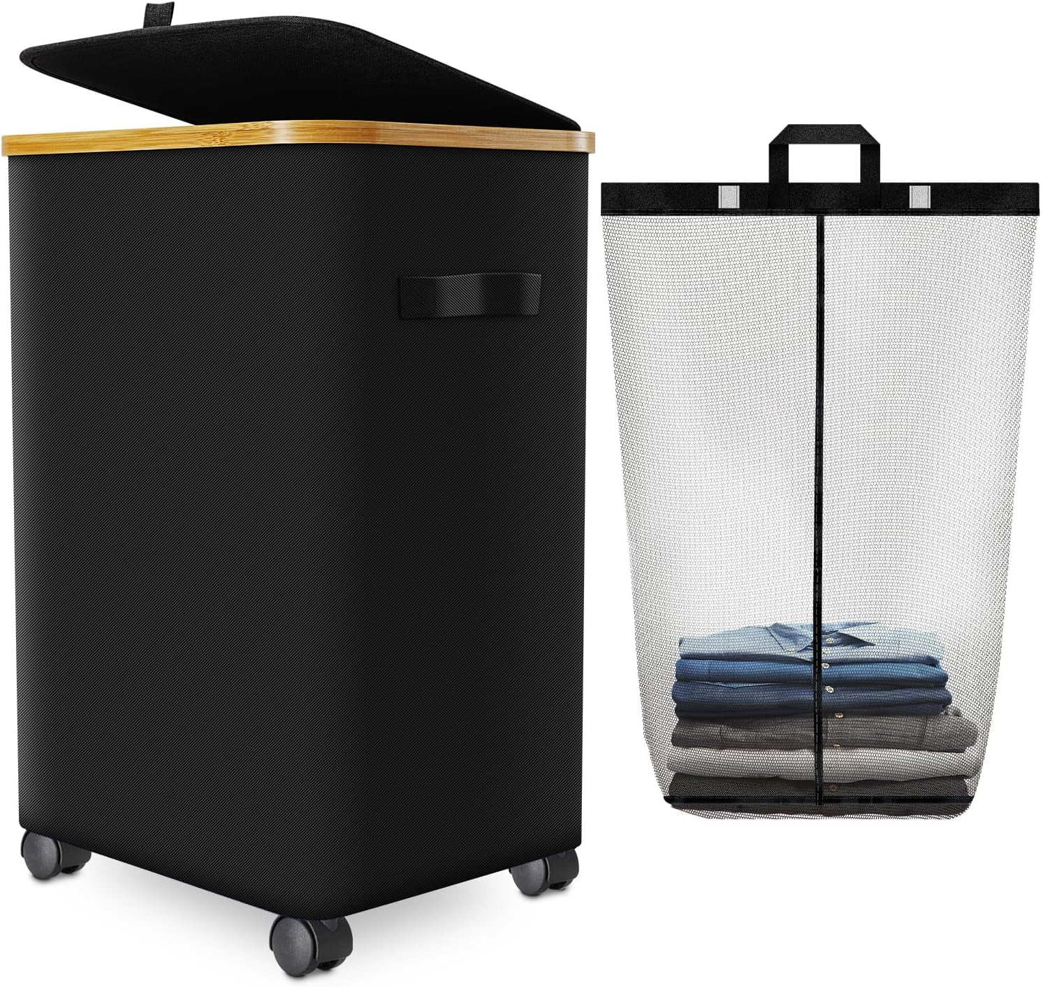 Slim Laundry Hamper with Lid and Wheels, 110L Large Collapsible Laundry Basket, Clothes Hamper with Bag Removable Easy to Carry, Dirty Hampers for Bedroom, Bathroom, Laundry Room-Black