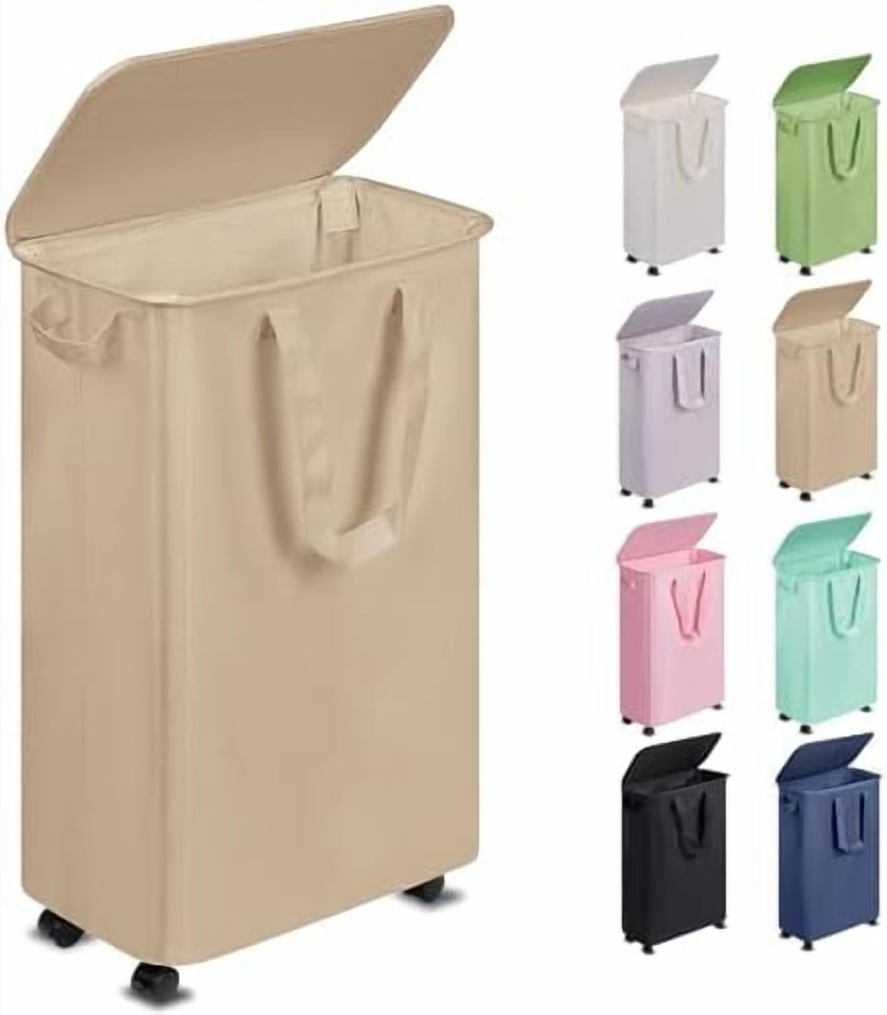 Slim Laundry Hamper with Lid and Wheels, Small Rolling Laundry Basket ...