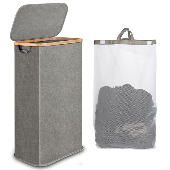 Slim Laundry Hamper, Narrow Laundry Basket with Lid,Foldable Clothes Hamper with Bamboo Handles,Hamper Basket with Removable Inner Bag