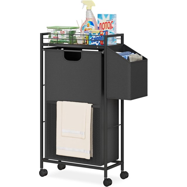 Slim Laundry Hamper with Wheels & Lid, 52L Thin Narrow Laundry Basket