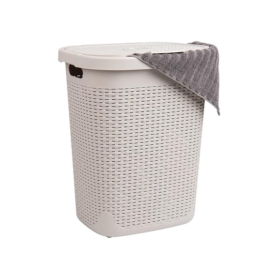 Slim Laundry Hamper with Lid, 50L Clothes Basket, Premium Wicker Design, Plastic,