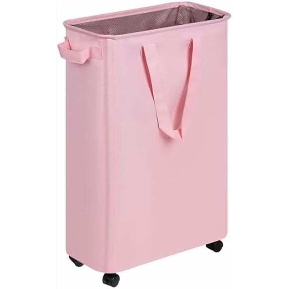 Slim Laundry Hamper with Wheels, Rolling Laundry Basket for Clothes, Small Laundry Basket for Bedroom, Dorm and Laundry Room, 60L (12.7 Gallons) Pink