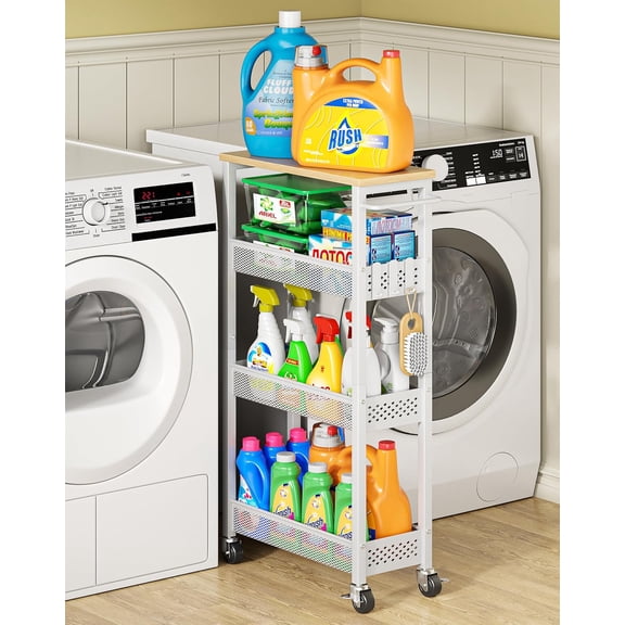 Slim Laundry Room Organization Cart with Upgraded Metal Hub Casters | Fits between washer & dryer, 4-Tier space-saving narrow rolling cart, Premium wood top & metal mesh shelf, with handle & hook