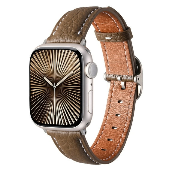 Slim Leather Band Compatible with Apple Watch 38/40/41/42mm(S10),for Women Men,Quadrate&Round Arc Buckle Deaign,Lychee Leather Adjustable Classic Watch Band Strap Bracelet,Coffee