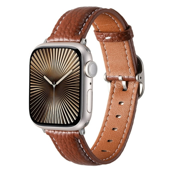 Slim Leather Band Compatible with Apple Watch 38/40/41/42mm(S10),for Women Men,Quadrate&Round Arc Buckle Deaign,Lychee Leather Adjustable Classic Watch Band Strap Bracelet,Brown