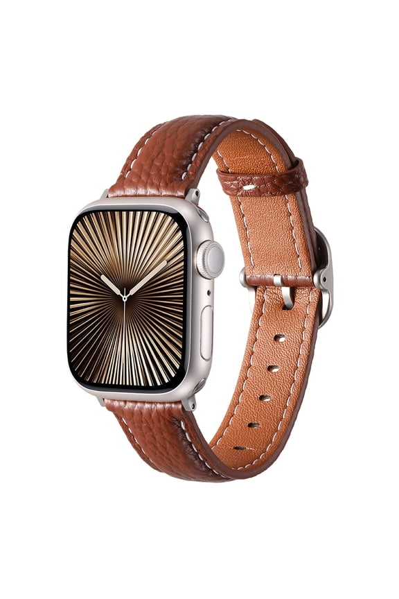 Slim Leather Band Compatible with Apple Watch 38/40/41/42mm(S10),for Women Men,Quadrate&Round Arc Buckle Deaign,Lychee Leather Adjustable Classic Watch Band Strap Bracelet,Brown