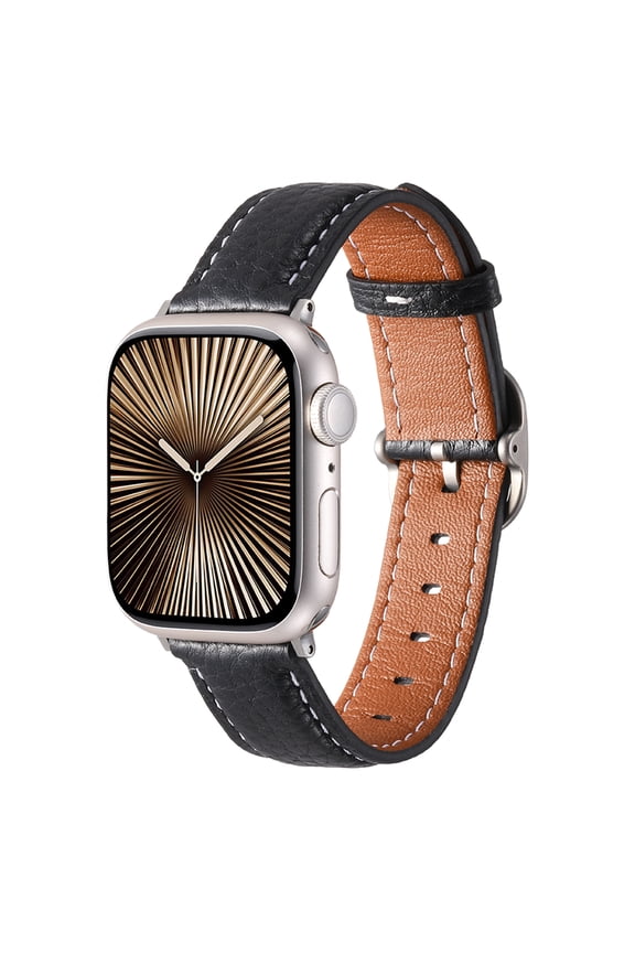 Slim Leather Band Compatible with Apple Watch 42/44/45/46/49mm,for Women Men,Quadrate&Round Arc Buckle Deaign,Lychee Leather Adjustable Classic Watch Band Strap Bracelet,Black