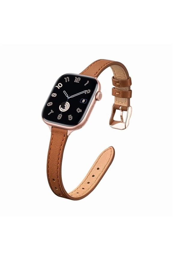 Slim Leather Bands Compatible with Apple Watch Band 38mm 40mm 41mm 42mm(Series 11 10), Top Grain Leather Watch Thin Wristband for iWatch SE 9 8 7 6 5 4 3 2 1 (Brown Rose Gold)