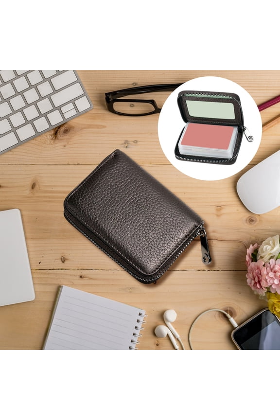 Slim Leather Card Wallet for Men & Women 4.33x3.35x0.98 Inch Compact ID Credit Card Organizer RFID Blocking Zippered Coin Purse in Red Coffee Multiple Card Slots & Waterproof