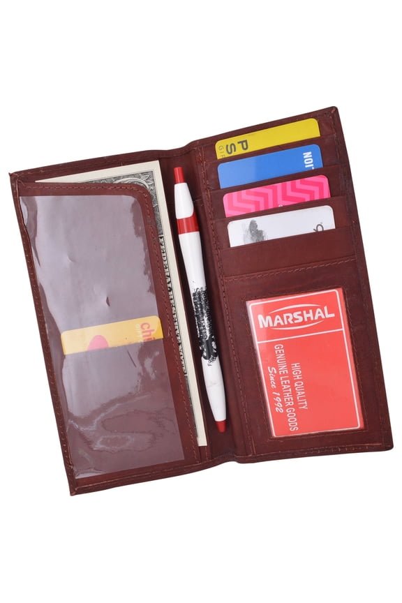 Slim Leather Checkbook Cover with Credit Card Slots and Pen Holder
