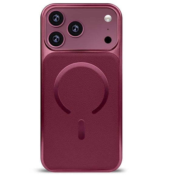 Slim Leather Magnetic Case for iPhone 18 Pro Max, Compatible with MagSafe, Electroplated Frame Protective Cover,Cherry Red