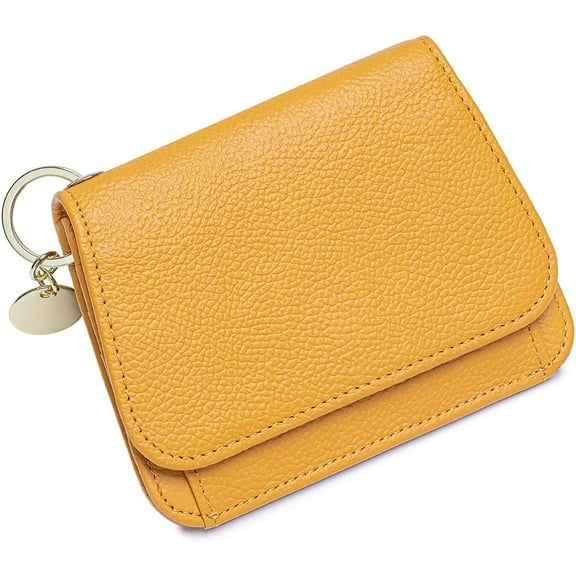 Slim Leather Wallet For Women Small TriFold Credit Card Holder With Coin pocket, ID Window, Keychain, Yellow