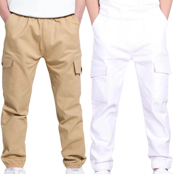Slim Leg Exercise Pants 2pc Boys Cargo Jogger Pants, Elastic Waist Stretchy Pull on Twill Trousers with Pockets, Loose Casual School Uniform Sports Pants Boys Scrub Pants White 8Y