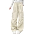 thumbnail image 1 of Slim Leg Pants for Kids Girls Parachute Pants Teens Wide Leg Cargo Pants Dance Streetwear Baggy Trousers with Pockets Girls Ripped Trousers Beige 13Y, 1 of 5