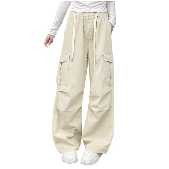 Slim Leg Pants for Kids Girls Parachute Pants Teens Wide Leg Cargo Pants Dance Streetwear Baggy Trousers with Pockets Girls Ripped Trousers Beige 13Y