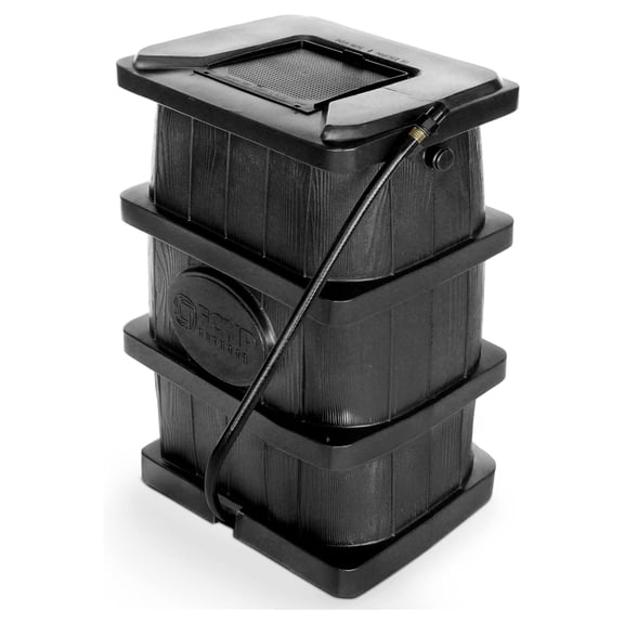 Slim Line Design 45-Gallon Wood Grain Outdoor Home Rain Water Catcher Flat Back Container with Spigots and Mesh Screen, Black