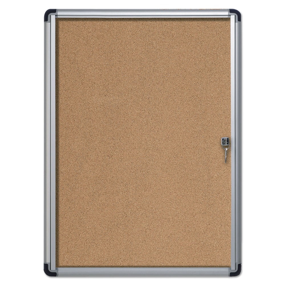 MasterVision VT630101690 28 in. x 38 in. Slim-Line Enclosed Cork Bulletin Board with One Door - Tan Surface/Satin Aluminum Frame