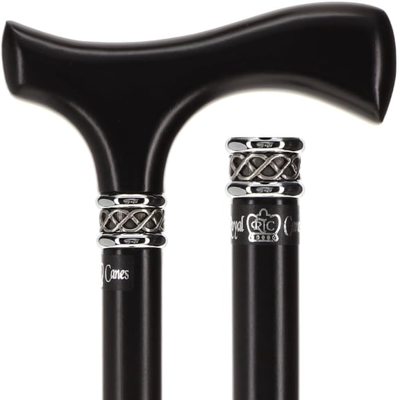 Royal RC Canes Slim Line Black Beachwood Walking Cane with Fritz Handle, Braided Pewter Collar, 16mm Tip  Lightweight Walking Stick for Men and Women
