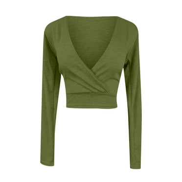 Slim Long Sleeves Tees For Women Cozy Pure Color Front Pleated Tops Juniors Fashion V Neck Crop Blouses Teen Girls Casual Tunic Pullover Clothes