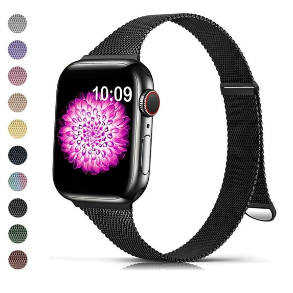 Slim Metal Bands for Apple Watch Band 38mm 40mm 41mm iWatch Series SE 7 6 5 4 3 2 1 Women Men Girl,Milanese Thin Stainless Steel Mesh Loop Magnetic Strap Replacement for iWatch -black