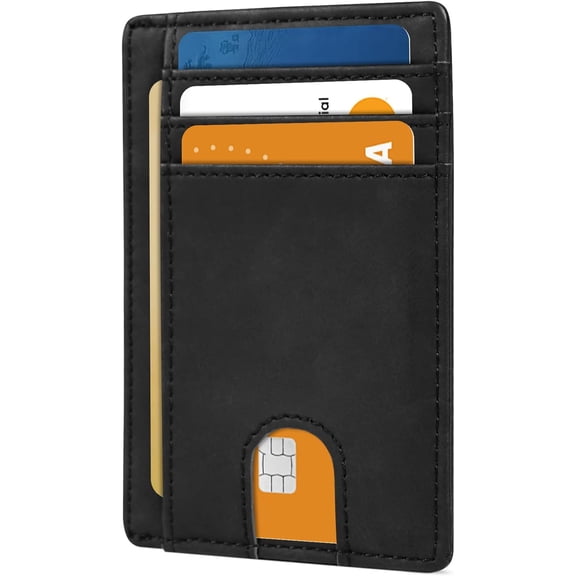 Slim Minimalist Front Pocket Leather Wallet  Blocking Small Thin Credit Card Holder for Men and Women Black