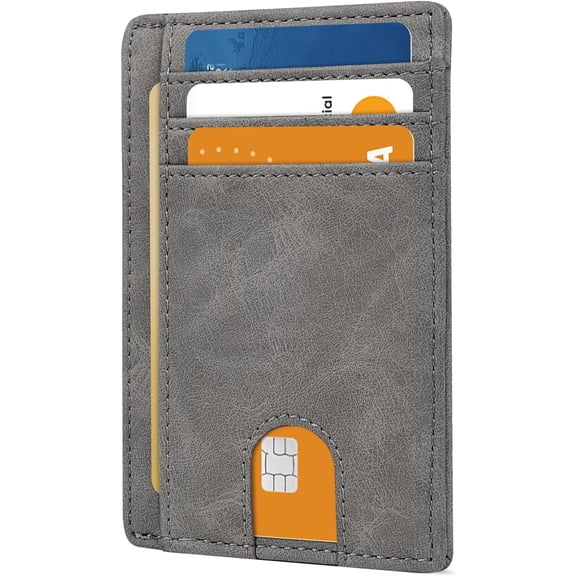 Slim Minimalist Front Pocket Leather Wallet  Blocking Small Thin Credit Card Holder for Men and Women Grey