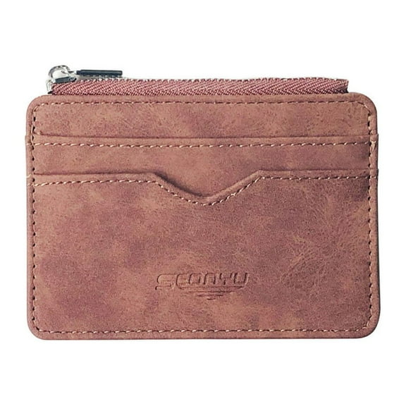 Slim Minimalist Wallet for Men Zipper Leather Small Mini Front Pocket Purse Card Holder with Id Window