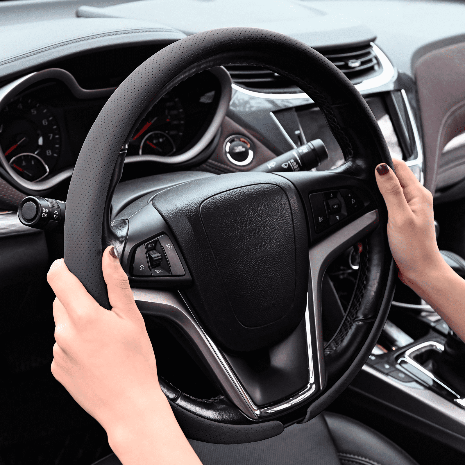 Slim Nappa Leather Steering Wheel Cover Ultra-Thin Design, Breathable, Non-Slip for Comfortable Grip - Universal Fit for 14.5-15 Inch Wheels