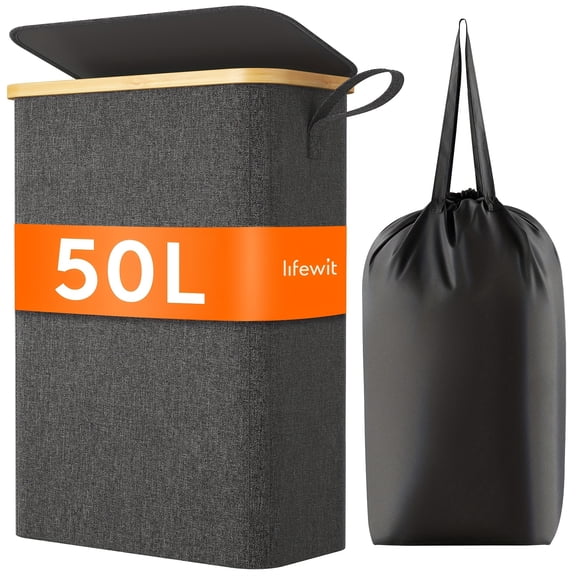 Slim Narrow Laundry Hamper with Lid, 13.21Gal Foldable Laundry Basket with Removable Bag Bamboo Handles, Dirty Clothes Storage for Bathroom, Bedroom &Dorm