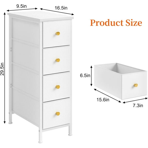 Slim Narrow Nightstand Dresser with 4 Drawers, Fabric Storage Tower Cabinet for Small Spaces, Bedroom, Bathroom, Laundry & Closet, White
