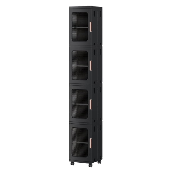 Slim Narrow Plastic Storage Cabinet with Adjustable Shelves, Doors & Wheels, Waterproof & Dustproof Design,Black