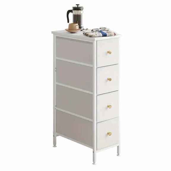 Slim Narrow Side Table with 4 Fabric Drawers Small Bedside Table Nightstand for Small Spaces Bedroom Dorm Apartment Ultra Thin Sofa Side Table Storage Organizer White