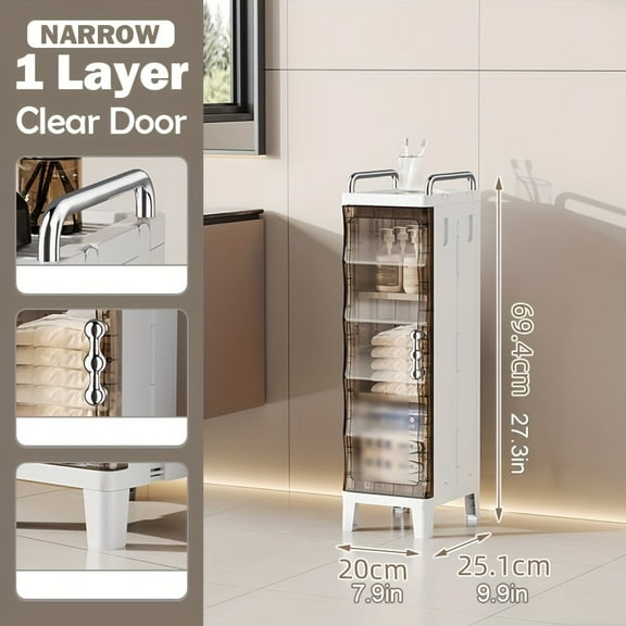 Slim Narrow Storage Cabinet with Shelves, Space-Saving Plastic Organizer for Bathroom, Kitchen & Laundry Room, Freestanding Multi-Tier Shelf, No Metal Pipes