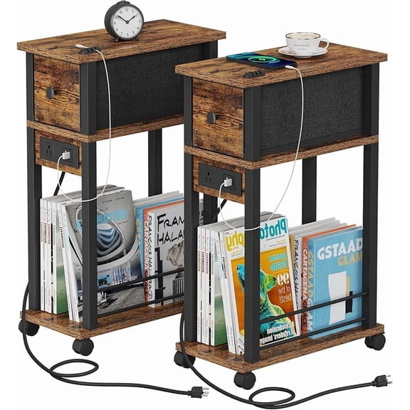 Slim Nightstand Set of 2, Narrow Side Table with Charging Station & Drawer | Sofa Slim Nightstand, Small Table with Drawers, 4 Wheels Mobile End Table for Bedroom, Living Room, Office,