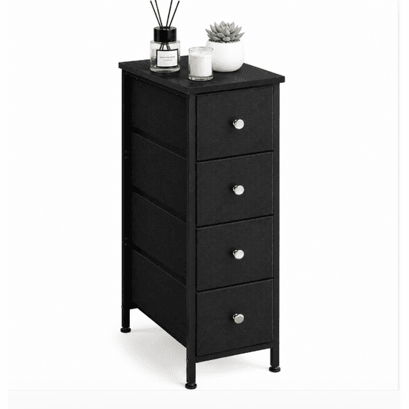 Slim Nightstand with 4 Fabric Drawers, Skinny Bedside Side Table for Bedroom and Small Spaces, Black
