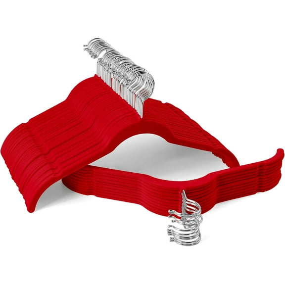 Slim Non-Slip Flocked Hangers 50 Pack with 360 Swivel Hook Red