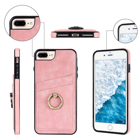 Slim PU Leather Case for iPhone 8 Plus / iPhone 7 Plus, Soft TPU Bumper Non-Slip Shockproof Phone Case with Kickstand Ring Holder Card Slots Cover for iPhone 8 Plus / iPhone 7 Plus 5.5 Inch,Pink